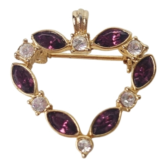 Vintage Gold-Tone Amethyst Rhinestone Heart Brooch Pendant - Picture 4 of 7